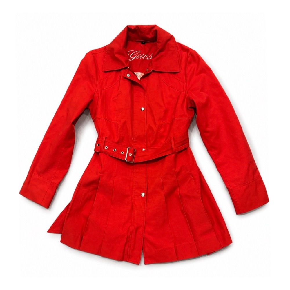 Guess Womens Red Belted Trench Coat Pleated Hem Paisley Lining Large Y2K
